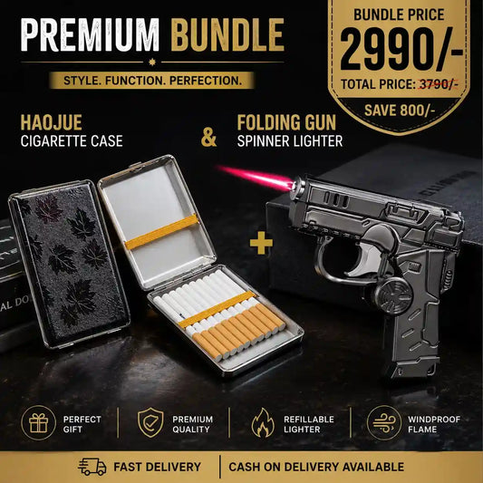 Promotional graphic for a premium bundle containing a Haojue cigarette case and a folding gun spinner lighter. The image shows an open metallic cigarette case with cigarettes inside and a black patterned case closed beside it, alongside a metallic folding gun lighter emitting a red laser beam.