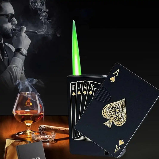 Black playing cards with gold symbols, a glass of whiskey, and a smoking man on a dark background.