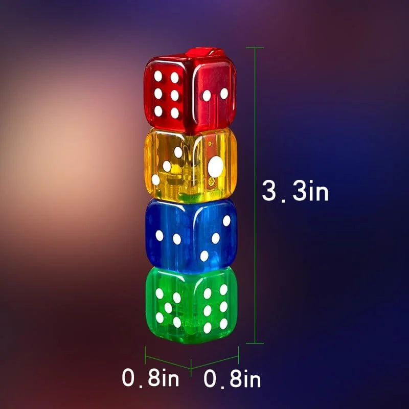 A lighter of four translucent plastic dice in red, yellow, blue, and green, shown with dimension labels indicating a height of 3.3 inches and width/depth of 0.