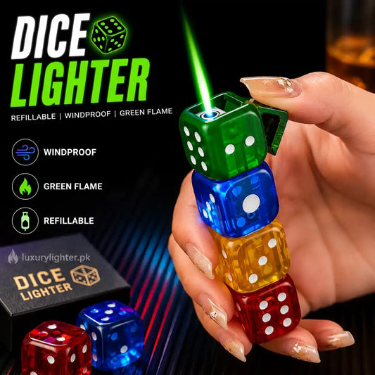 A hand holds a ligher of four translucent dice-shaped lighter cubes in green, blue, yellow, and red, with a bright green flame shooting from the top cube. The image includes marketing text and a branded box for 'Dice Lighter' on a dark background.