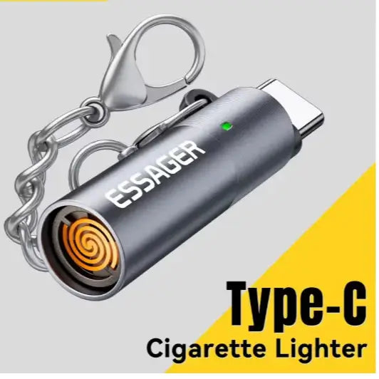 Essager Type-C cigarette lighter with keychain on a gray background