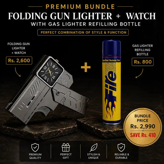 Promotional image of a folding gun lighter, watch, and gas lighter refilling bottle with bundle pricing.
