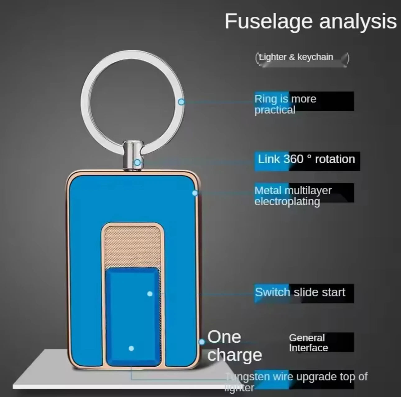 Blue keychain lighter with metal ring and text on a gray background