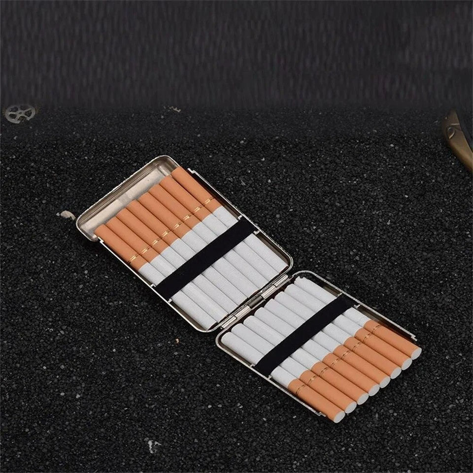 Cigarette case with cigarettes on a dark textured background