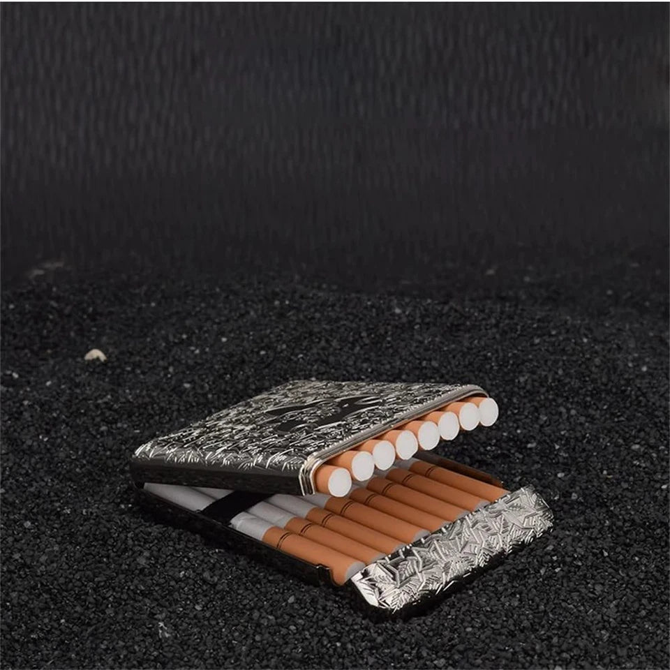 Silver cigarette case with cigarettes on a black textured background