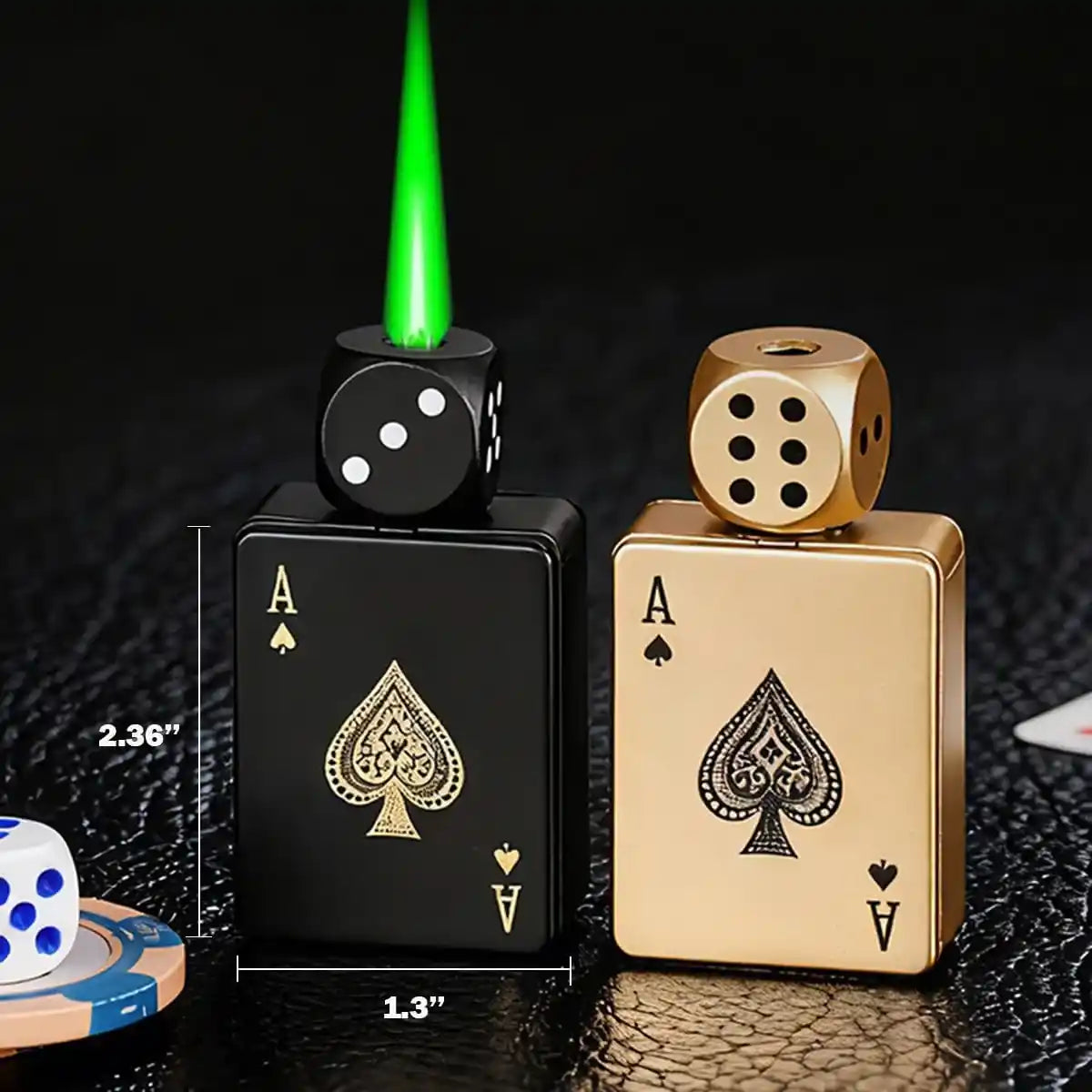 Rotating Green Flame Metal Poker Design Lighter with dimensions