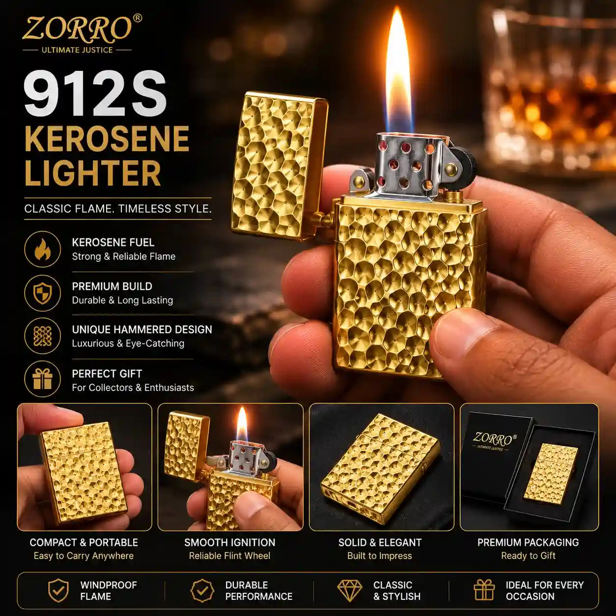 ZORRO 912S Kerosene Lighter in a hammered gold finish, shown being held and lit with a blue flame. The image is a promotional graphic with text highlighting features like strong flame, premium build, and unique hammered design, along with smaller feature panels at the bottom.