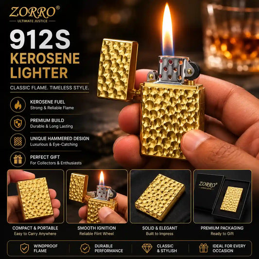 ZORRO 912S Kerosene Lighter in a hammered gold finish, shown being held and lit with a blue flame. The image is a promotional graphic with text highlighting features like strong flame, premium build, and unique hammered design, along with smaller feature panels at the bottom.